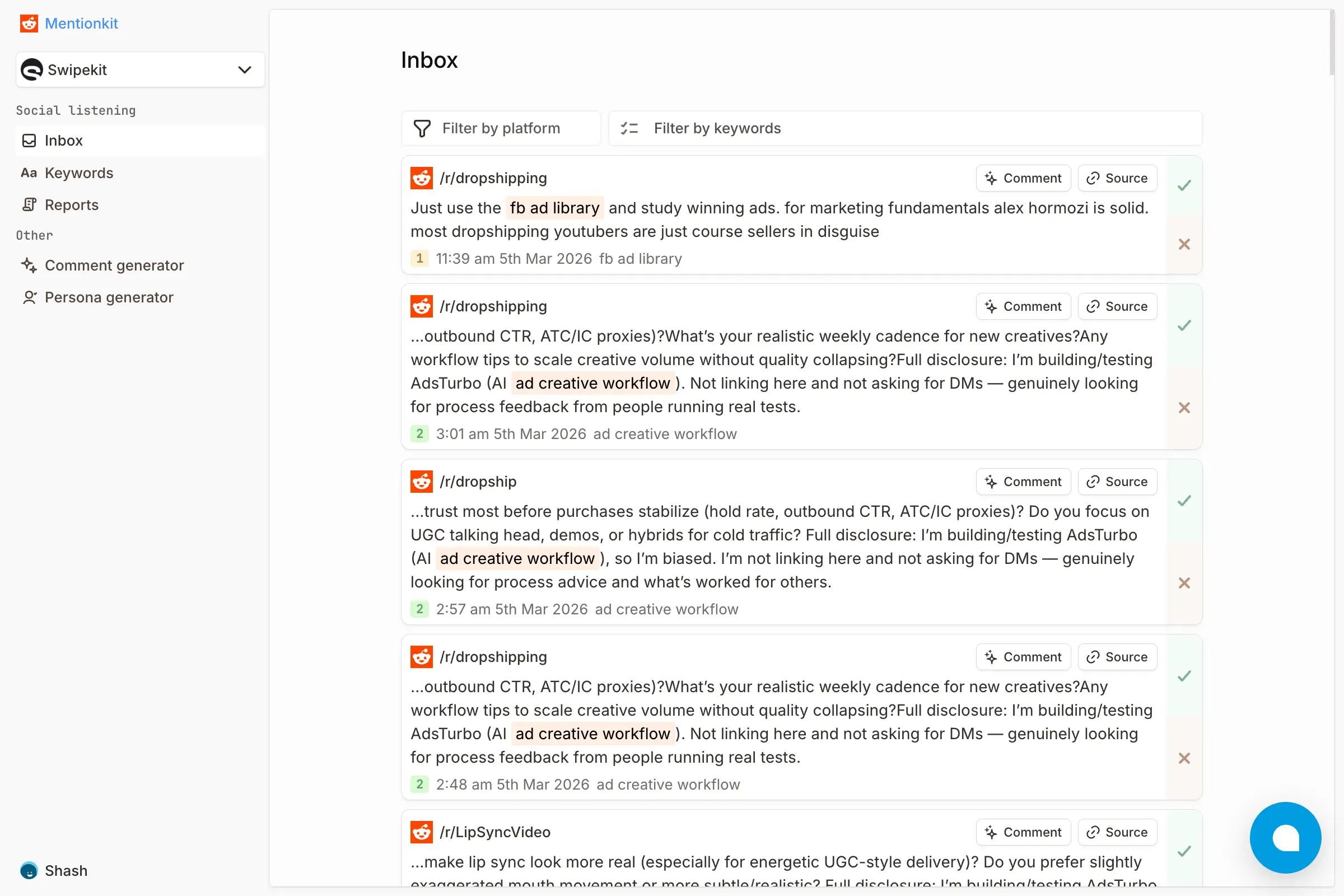 Mentionkit inbox interface preview