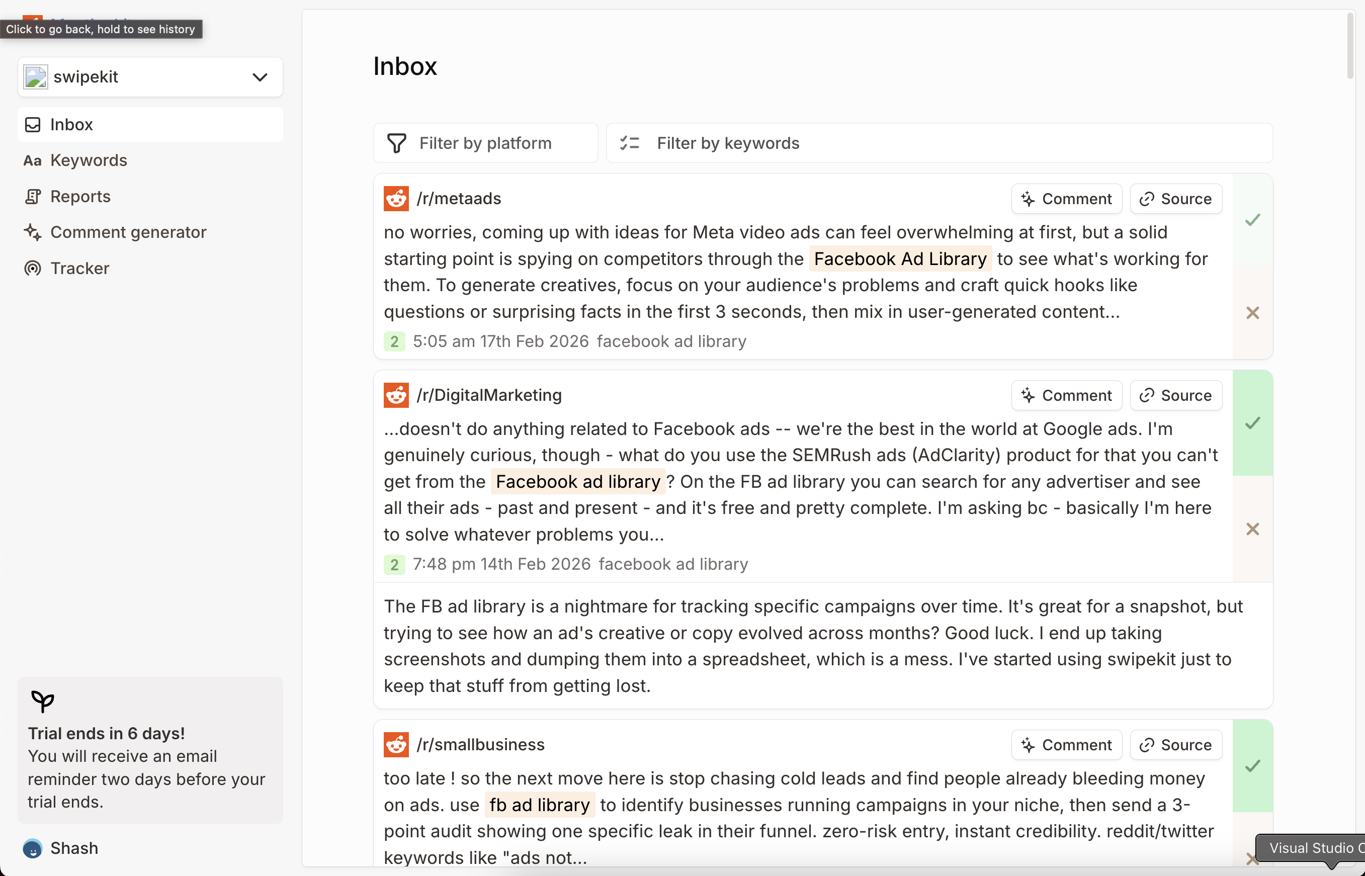 Mentionkit inbox interface preview